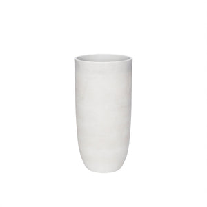 A tall, cylindrical ceramic vase with a textured matte finish in a warm off-white color, shown against a solid white background.