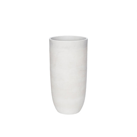 A tall, cylindrical ceramic vase with a textured matte finish in a warm off-white color, shown against a solid white background.