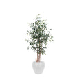 Artificial Olive Tree with several slim trunks in a round white planter, on a white background