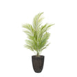 Smaller Artificial Areca Palm Tree with feathery fronds in a ridged rustic planter, on a white background