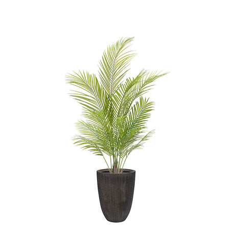 Artificial areca palm with green leaves in a dark pot on a white background