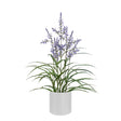 Artificial lavender plant with delicate purple flowers and green foliage in a white pot on a white background