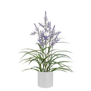 Artificial lavender plant with purple flowers and green foliage in a white pot