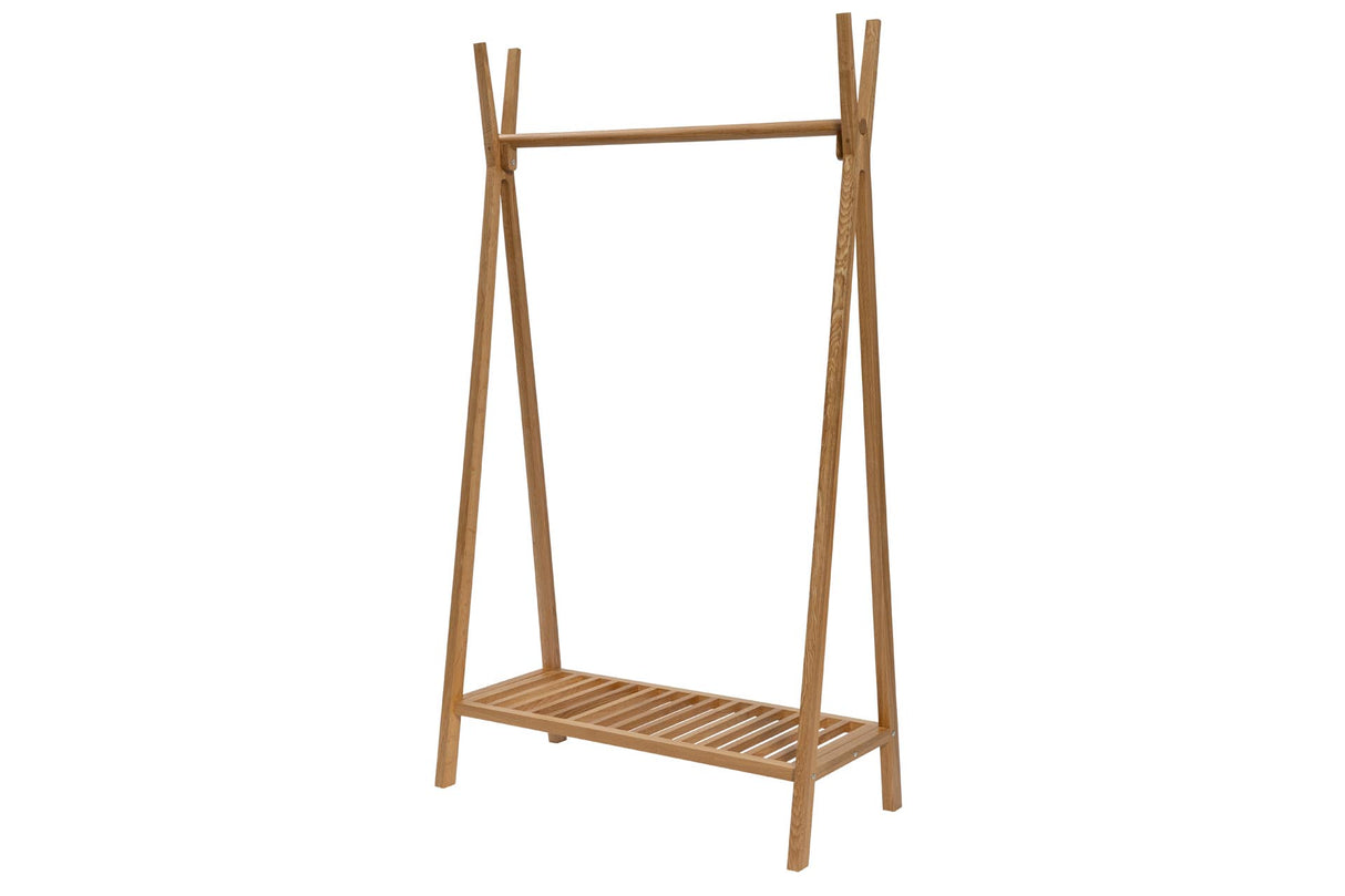 A light brown wooden A-frame clothing rack with a slatted bottom shelf and a single horizontal bar, shown on a plain white background.