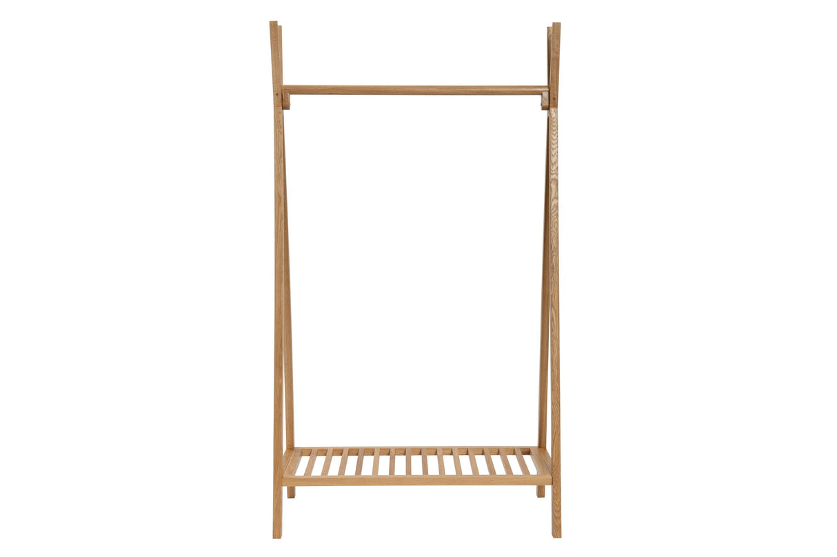 A light natural wood clothes rack with a top bar and a lower slatted shelf, shown against a plain white background.