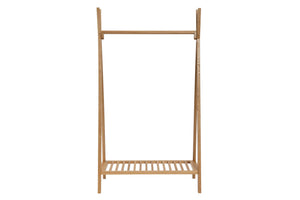 A light natural wood clothes rack with a top bar and a lower slatted shelf, shown against a plain white background.
