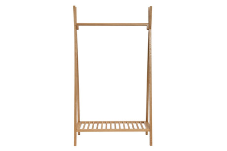 A light natural wood clothes rack with a top bar and a lower slatted shelf, shown against a plain white background.