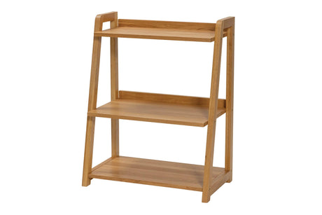 A three-tier wooden shelf with a warm natural finish, featuring a slanted design with angled side supports, shown on a plain white background.